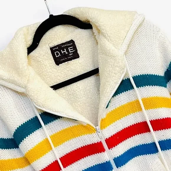 Vintage 80s DHE Sherpa-Lined Hooded Sweater Jacket – Size: Adult M - Picture 2 of 7